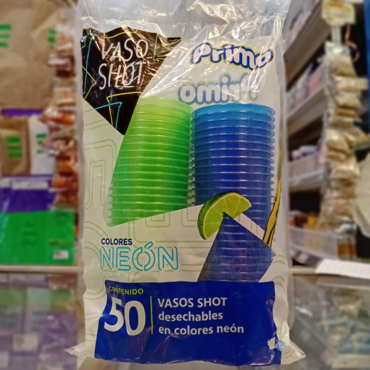 VASO PRIMO SHOT COLORES NEON VERDE AZUL 50 PIEZAS