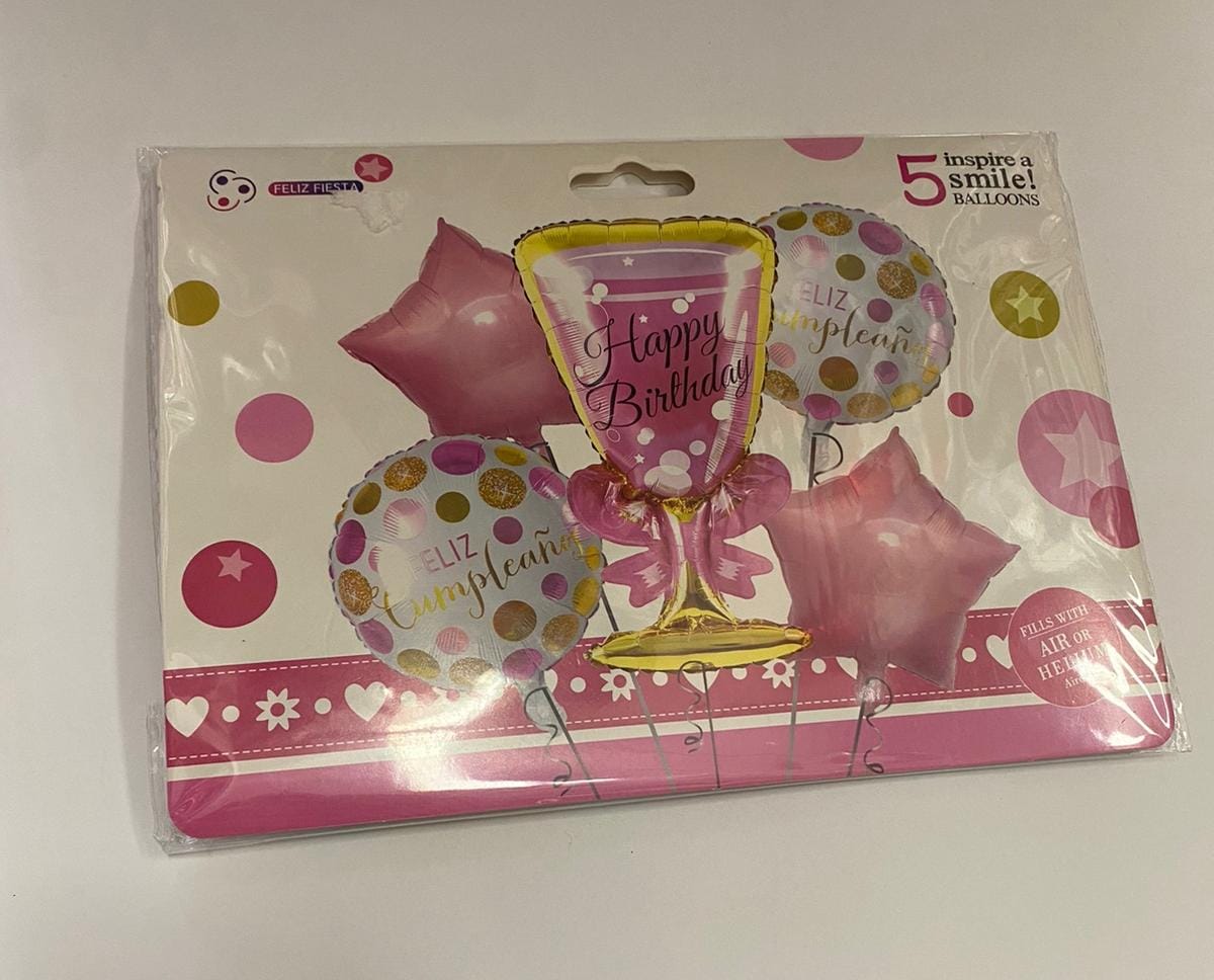 Kit 5 Globos Copa De Champagne Happy Birthday Metalizado
