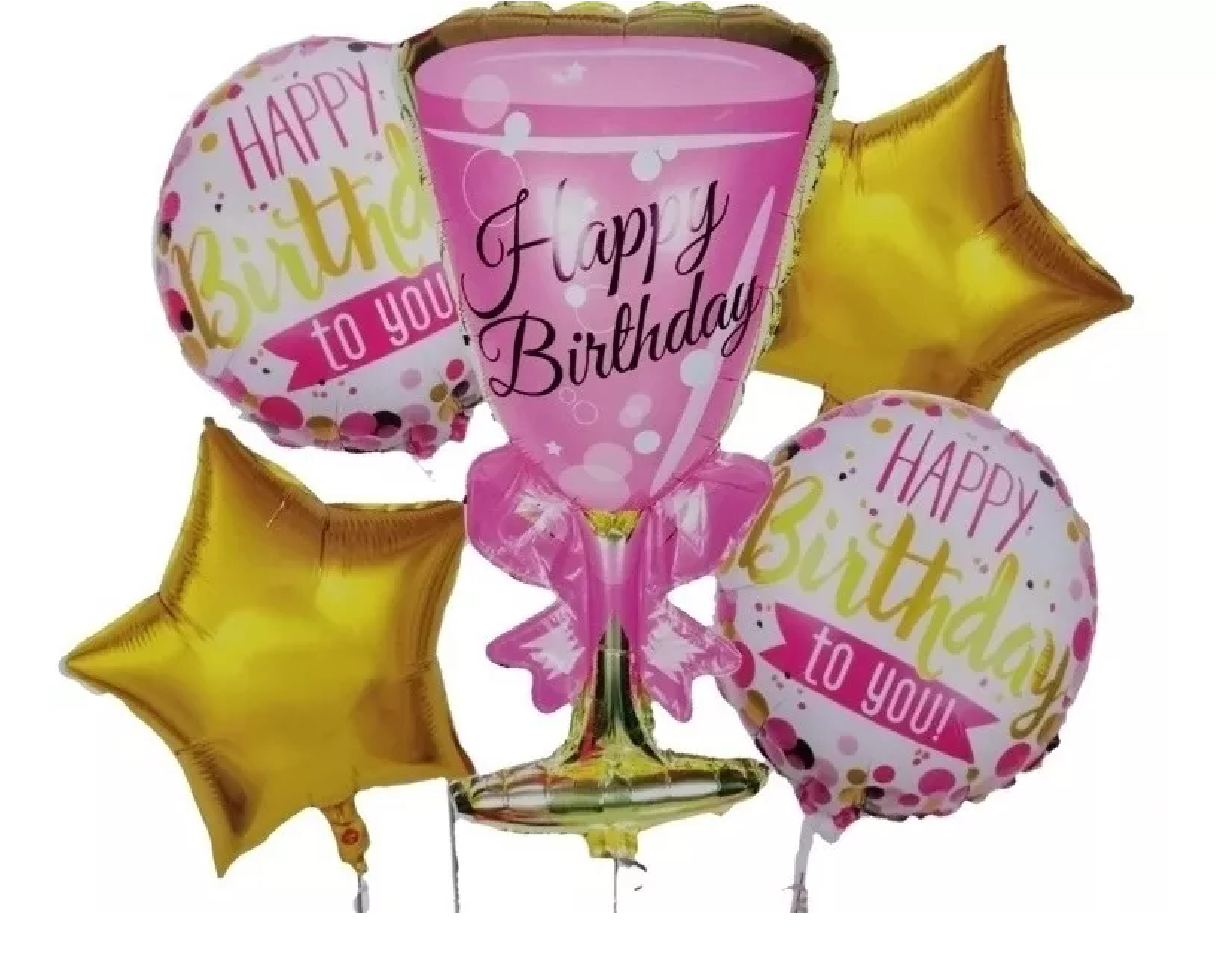 Kit 5 Globos Copa De Champagne Happy Birthday Metalizado