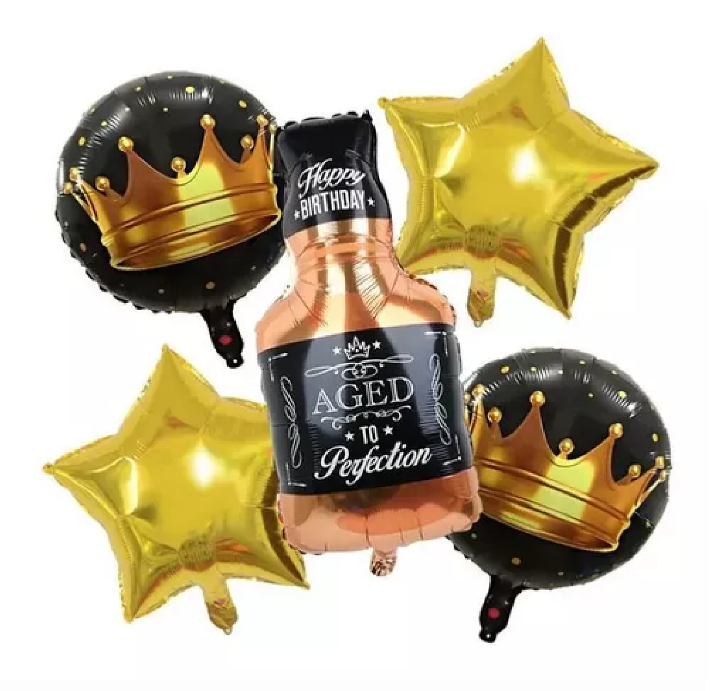 Kit 5 Globos Botella Whisky Estrellas Coronas Metalizado