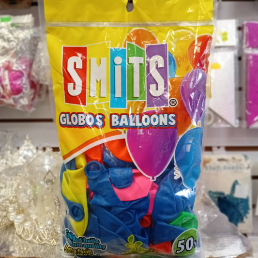 BOLSA DE GLOBOS SMITS 12" COLORES NEON SURTIDOS CON 50 PIEZAS