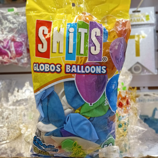 BOLSA DE GLOBOS SMITS 12" COLORES SURTIDOS CON 50 PIEZAS