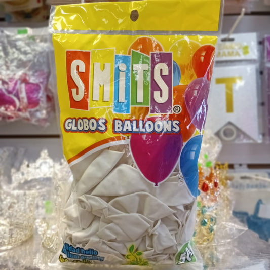 BOLSA DE GLOBOS SMITS 12" COLOR BLANCO PERLA CON 50 PIEZAS