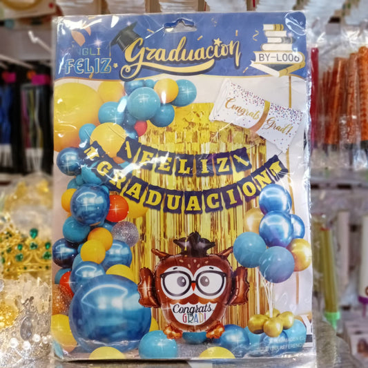 SET GLOBOS AZUL GRADUACION BUHO LENTES