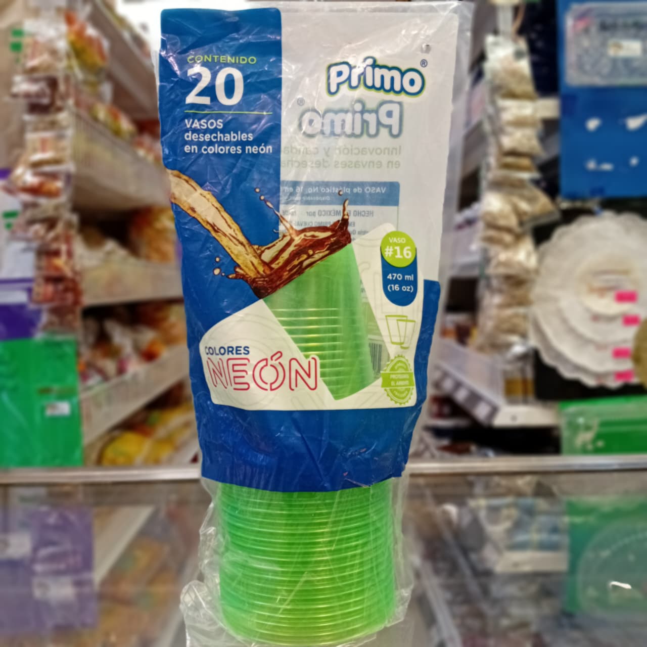 VASO PRIMO COLOR NEON VERDE 20 PIEZAS