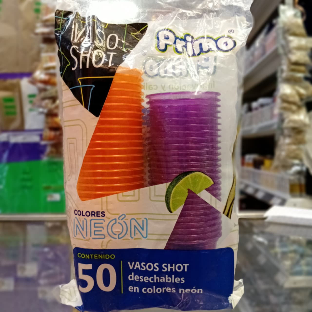 VASO PRIMO SHOT COLORES NEON NARANJA MORADO 50 PIEZAS