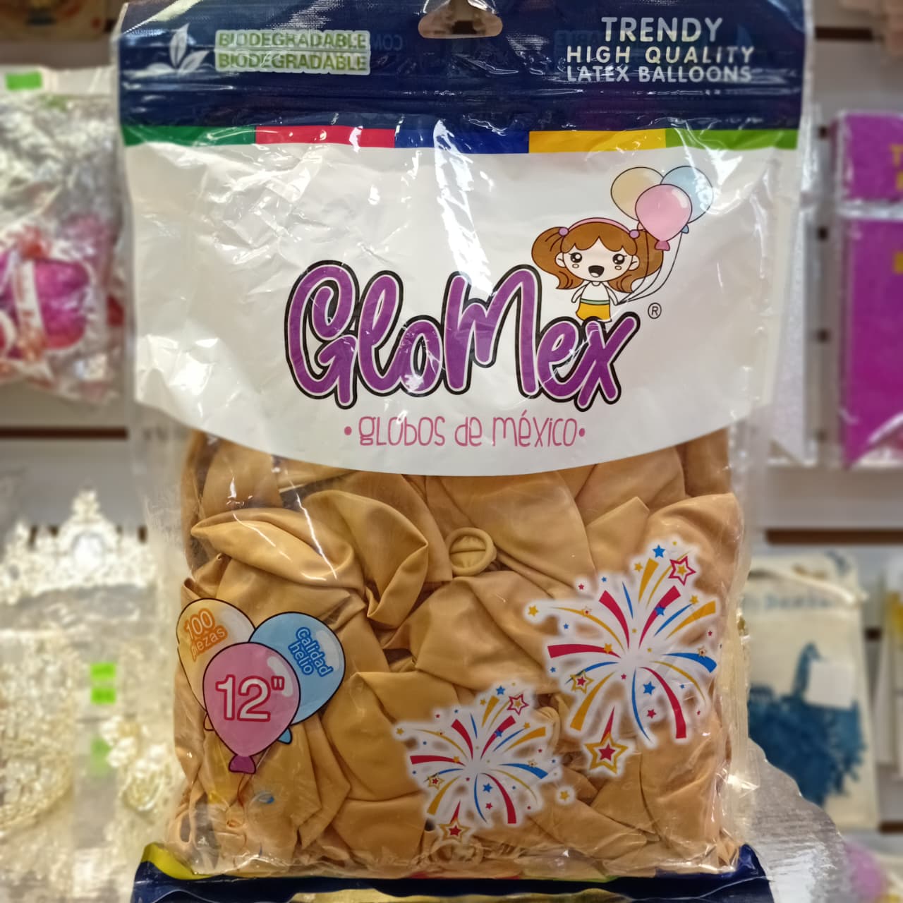 BOLSA DE GLOBOS GLOMEX 12" BEIGE CON 100 PIEZAS