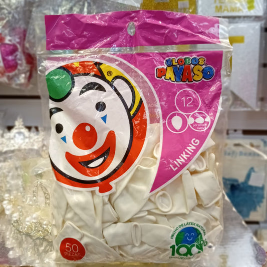 BOLSA DE GLOBOS PAYASO COLOR LINKING BLANCO 12" 50 PIEZAS